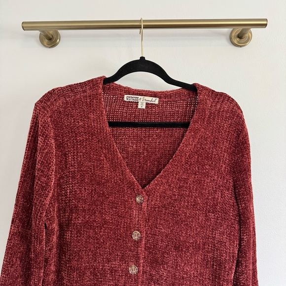 Gypsies & Moondust Burgundy Chenille Knit Button Cardigan Sweater Top - Picture 4 of 7